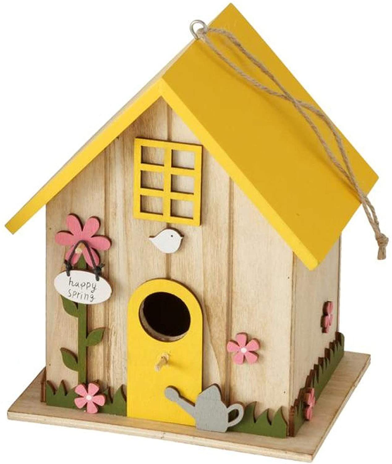 CasaJame Casetta per uccelli in legno per balconi e giardini, per uccelli, Happy Spring giallo, 15 x 12 x 18 cm