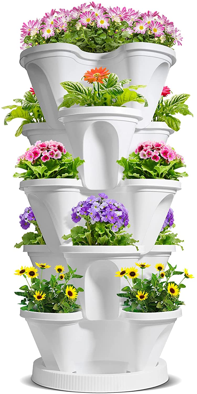 Fioriera Verticale A Torre 3 Piani Impilabile Con Ruote E Sottovaso - Giardino Da Interno/Esterno Per Fragole, Erbe, Fiori - Bianco - 5